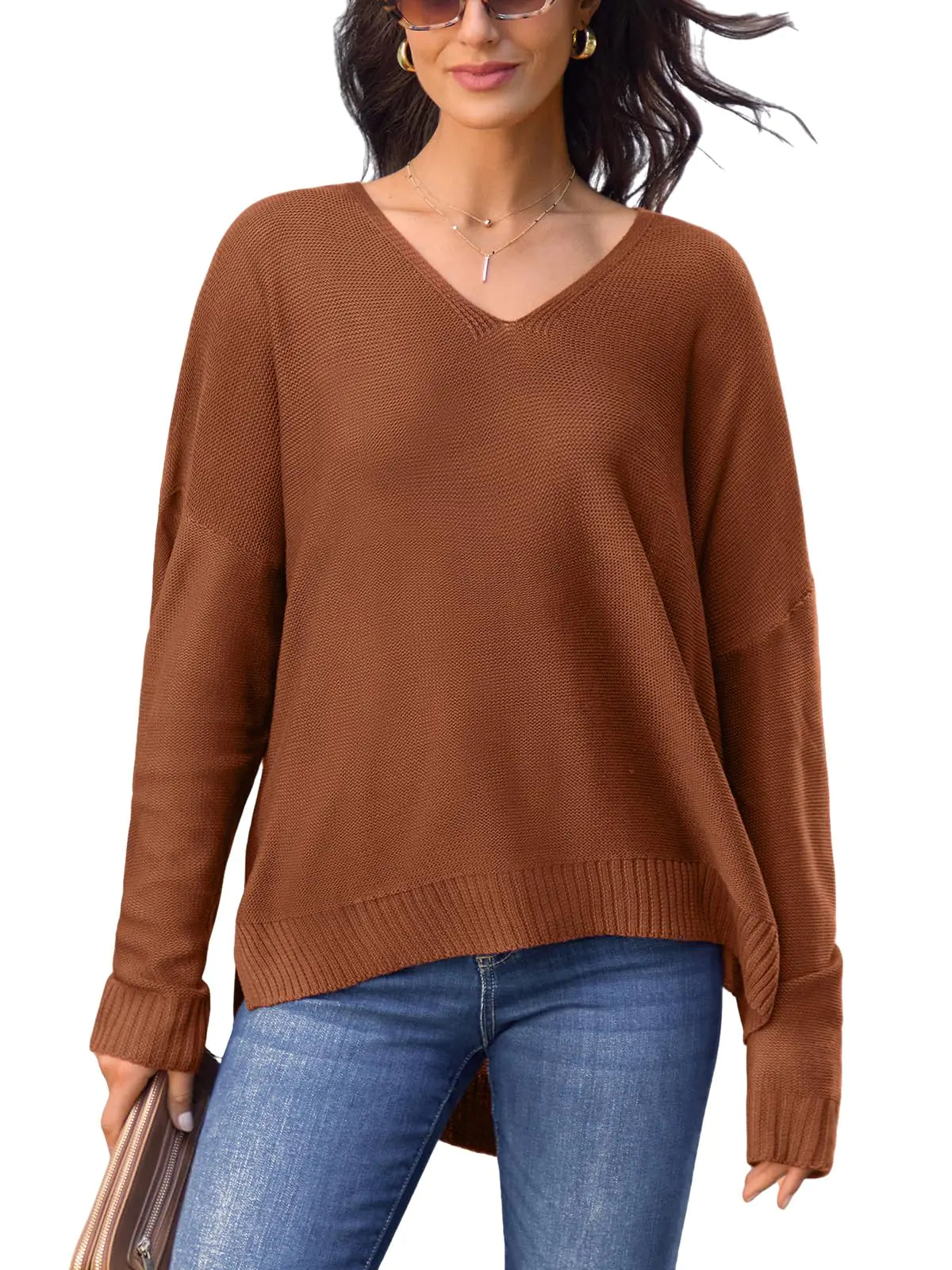 CUPSHE Suéteres de punto de cuello en V para mujer, manga larga, oversize, otoño 2024, jersey, tops, marrón XS