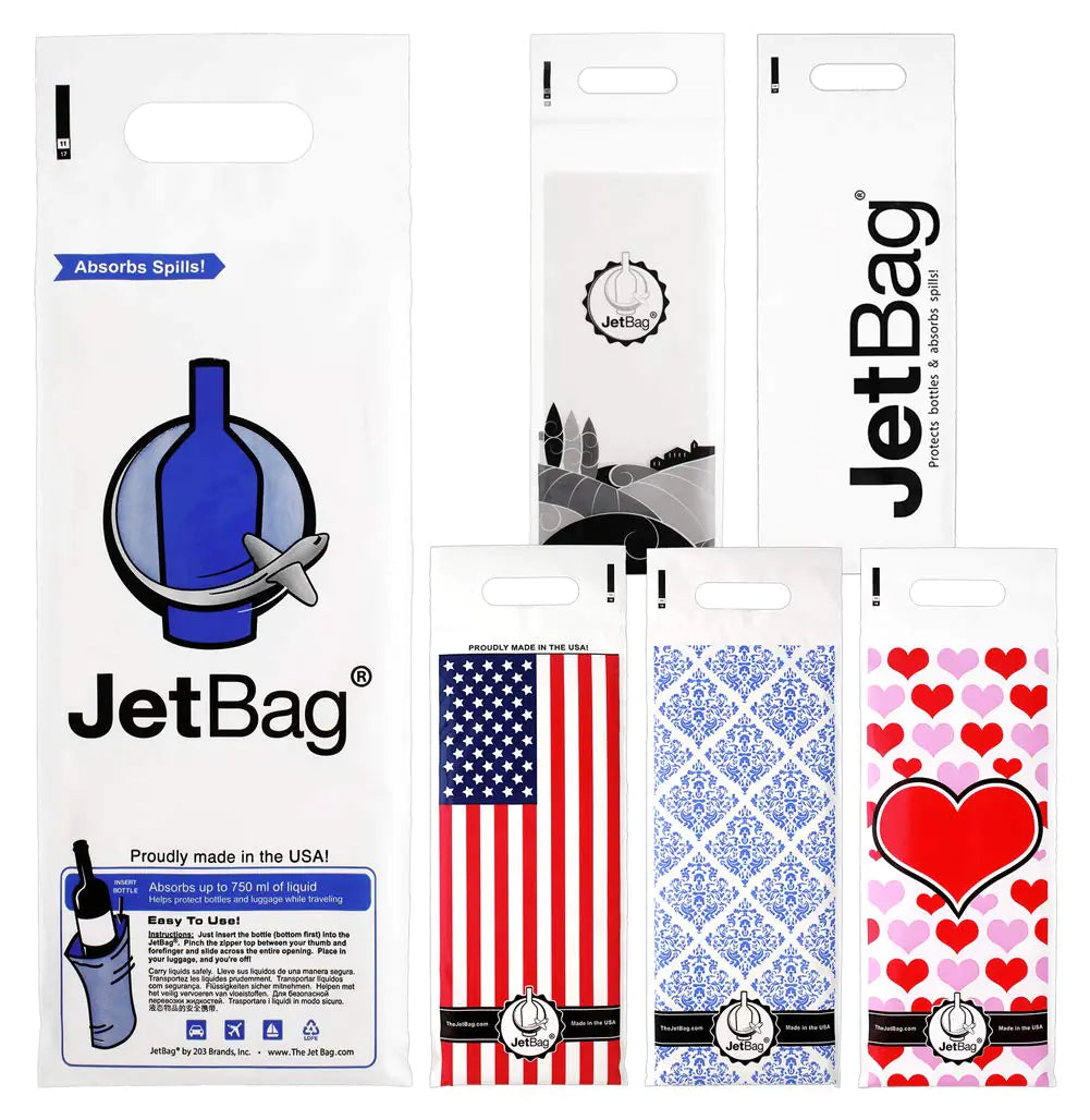 Jet Bag Wine Bag for Travel (Set of 6 Variety Sampler) - The Original Absorbent Reusable & Protective Bottle Bags - MADE IN THE USA