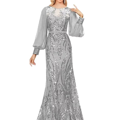 Womens Long Sleeve Sequin Mother of The Bride Dresses Mermaid Prom Dress Lace Formal Wedding Guest Dresses-Silver-12