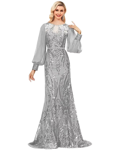 Load image into Gallery viewer, Womens Long Sleeve Sequin Mother of The Bride Dresses Mermaid Prom Dress Lace Formal Wedding Guest Dresses-Silver-12
