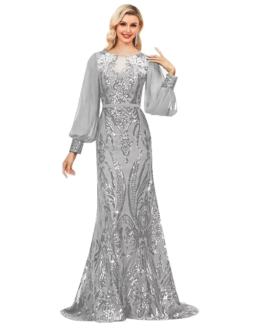 Womens Long Sleeve Sequin Mother of The Bride Dresses Mermaid Prom Dress Lace Formal Wedding Guest Dresses-Silver-12