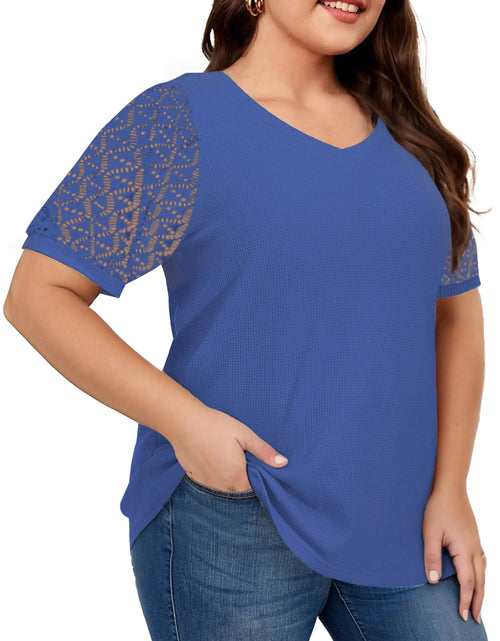 Load image into Gallery viewer, Lace Short Sleeve Shirts for Women Loose Casual Summer Shirts Boho Tops for Women V Neck Waffle Tee Blouse (X-Large Blue)
