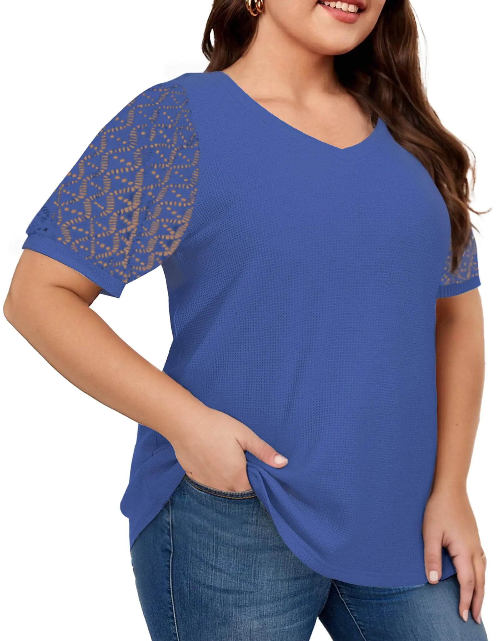 Lace Short Sleeve Shirts for Women Loose Casual Summer Shirts Boho Tops for Women V Neck Waffle Tee Blouse (X-Large Blue)