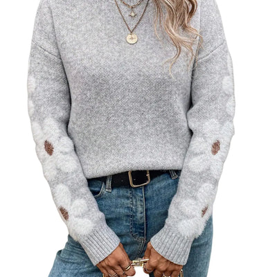 GORGLITTER Womens Oversized Crew Neck Fuzzy Sweaters Flower Long Sleeve Chunky Knit Pullover Tops Grey Floral Medium