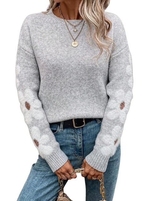 Load image into Gallery viewer, GORGLITTER Womens Oversized Crew Neck Fuzzy Sweaters Flower Long Sleeve Chunky Knit Pullover Tops Grey Floral Medium
