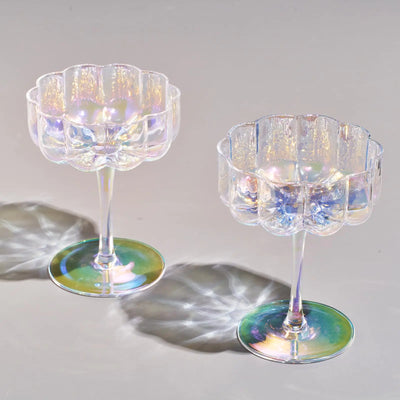 Khen Flower Vintage Wavy Glass Coupes Martini Champagne & Cocktail Coupes - Set of 2 - 7oz Colorful Cocktail Glasses & Champagne Prosecco Mimosa Glassware Copyright Design - Iridescent