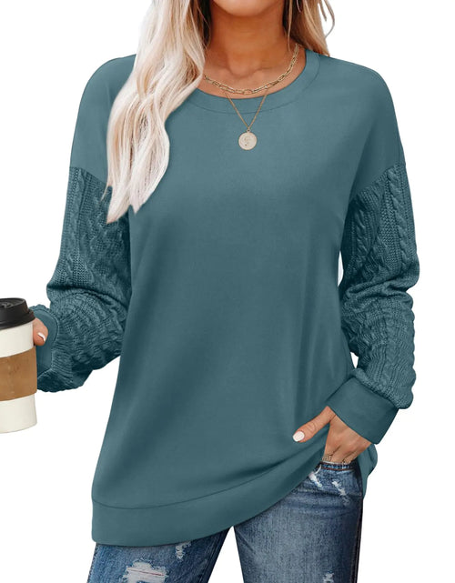 Load image into Gallery viewer, OFEEFAN Crewneck Sweatshirts for Women Loose Fit Dressy Sweaters Cable Knit Sleeve Blue M
