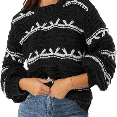 MEROKEETY Tops de mujer de manga larga con cuello redondo 2024, suéteres casuales de punto grueso en contraste, negro S