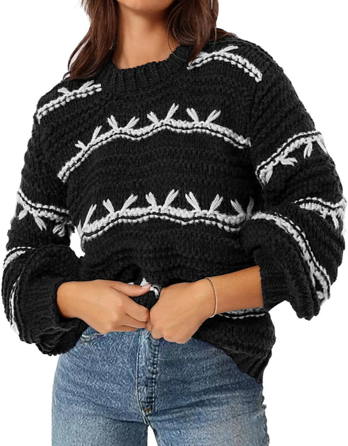 Load image into Gallery viewer, MEROKEETY Womens 2024 Long Sleeve Crew Neck Tops Casual Chunky Contrast Knit Pullover Sweaters Black S
