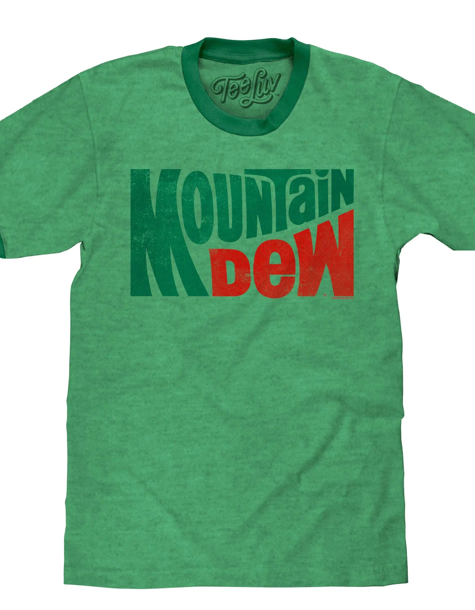Tee Luv Mountain Dew T-Shirt - Vintage MT Dew Ringer Tee Shirt (Large) Green Heather/Kelly