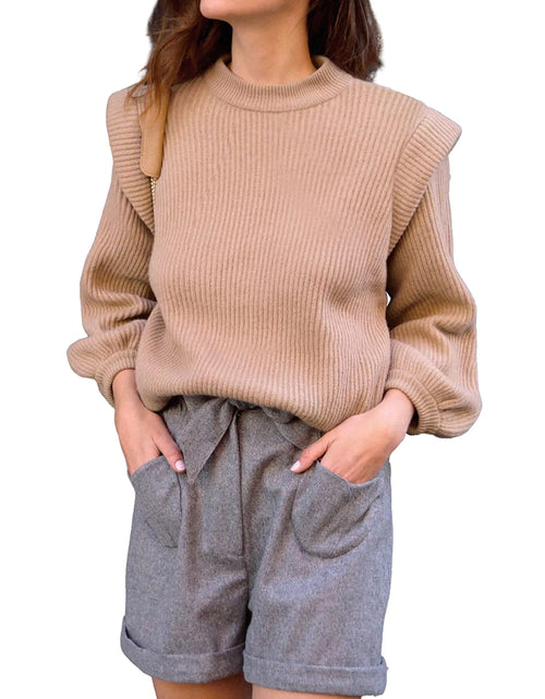 Load image into Gallery viewer, PRETTYGARDEN Womens Sweaters Casual Long Lantern Sleeve Crewneck Ribbed Knit Pullover Striped Jumper Tops Blouse (Solid CamelLarge)

