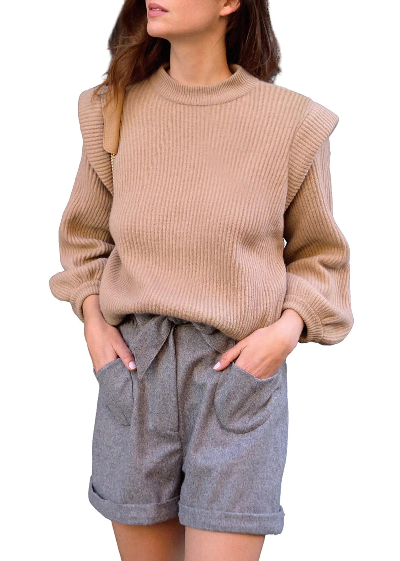 PRETTYGARDEN Womens Sweaters Casual Long Lantern Sleeve Crewneck Ribbed Knit Pullover Striped Jumper Tops Blouse (Solid CamelLarge)