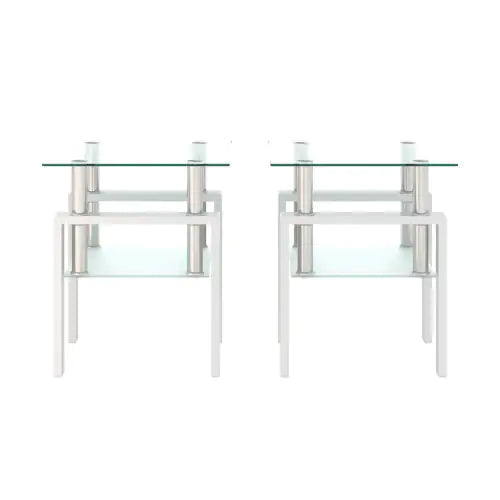 Juego de 2, mesa de té, café y auxiliar de vidrio templado moderno, mesa cuadrada para sala de estar, blanco transparente