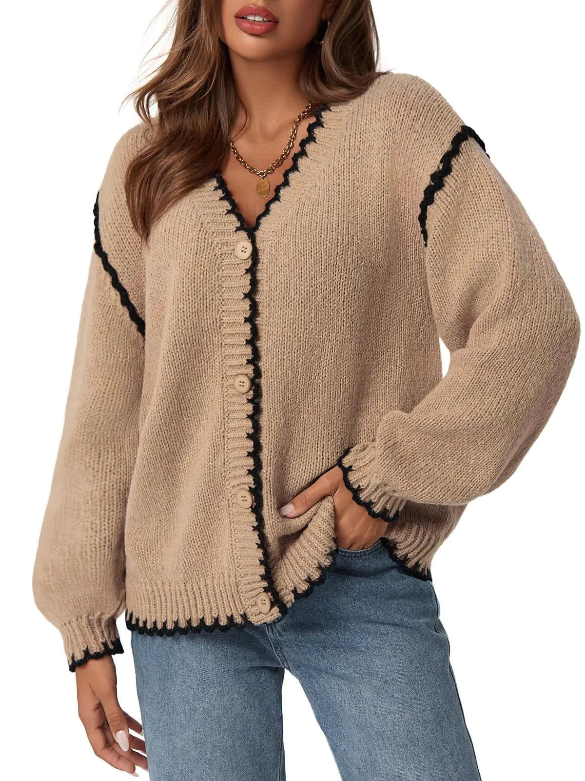 Saodimallsu Cardigans femme col en V, boutonnés, à manches longues, en tricot ample, ouverts sur le devant, couleur kaki