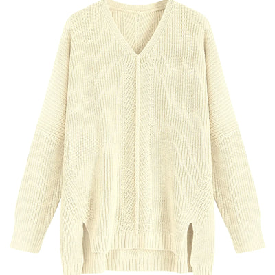 ZAFUL Fall Sweaters for Women 2024 Pullover Sweaters V Neck Long Sleeve Oversized Knit Batwing Drop Shoulder Split Tops Trendy Winter Clothing Beige S