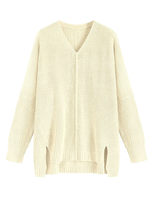 Load image into Gallery viewer, ZAFUL Fall Sweaters for Women 2024 Pullover Sweaters V Neck Long Sleeve Oversized Knit Batwing Drop Shoulder Split Tops Trendy Winter Clothing Beige S
