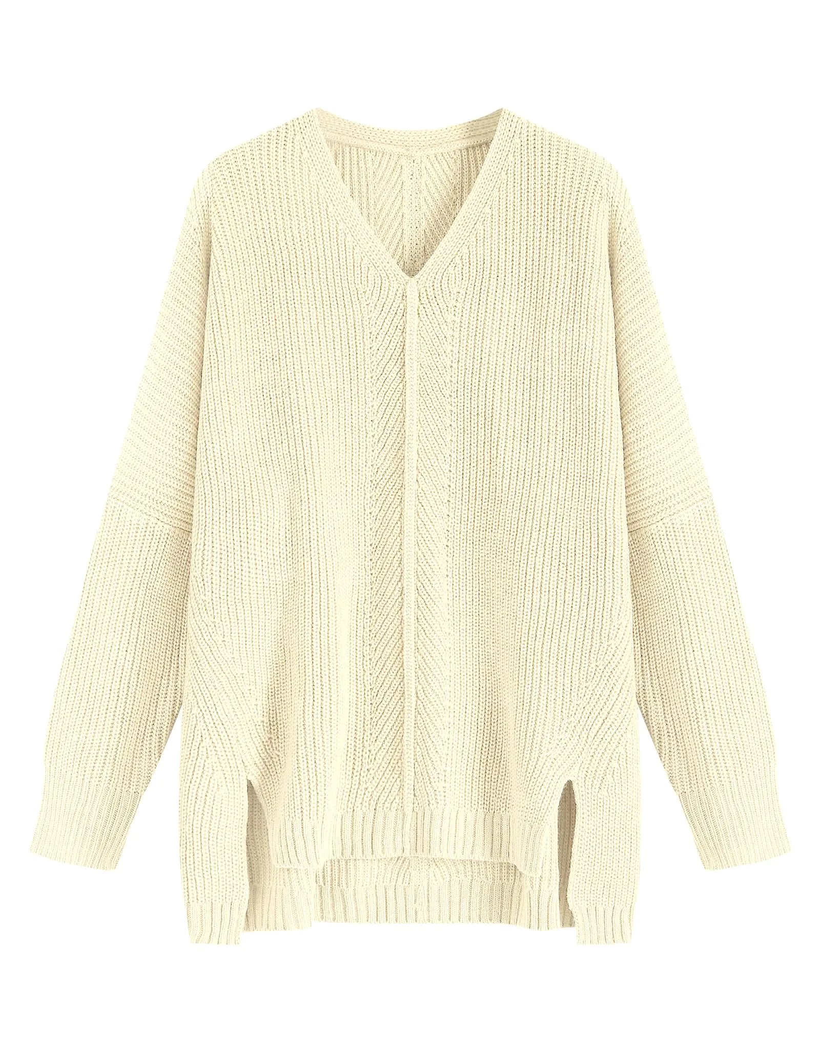 ZAFUL Fall Sweaters for Women 2024 Pullover Sweaters V Neck Long Sleeve Oversized Knit Batwing Drop Shoulder Split Tops Trendy Winter Clothing Beige S