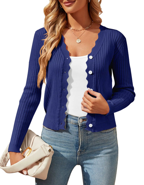 Load image into Gallery viewer, Shermia Womens Cropped Cardigan Knit Shrugs for Dresses Tops V Neck Button Down Cardigans Sweaters Navy
