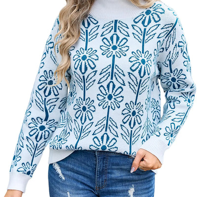 Arssm Pullover Sweaters Women Mock Neck Long Sleeve Flower Knit Sweaters Tops Fall Outfits(Blue-M)