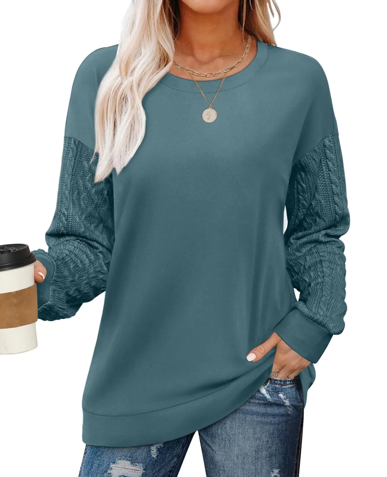 OFEEFAN Crewneck Sweatshirts for Women Loose Fit Dressy Sweaters Cable Knit Sleeve Blue M