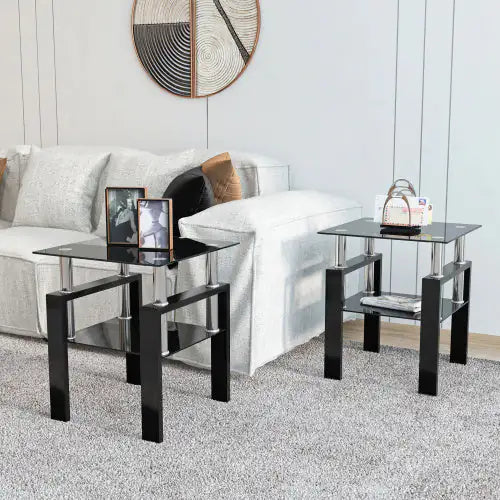 Juego de 2, mesa de té, mesa de centro, mesa auxiliar de cristal templado moderno, mesa cuadrada para sala de estar, negro