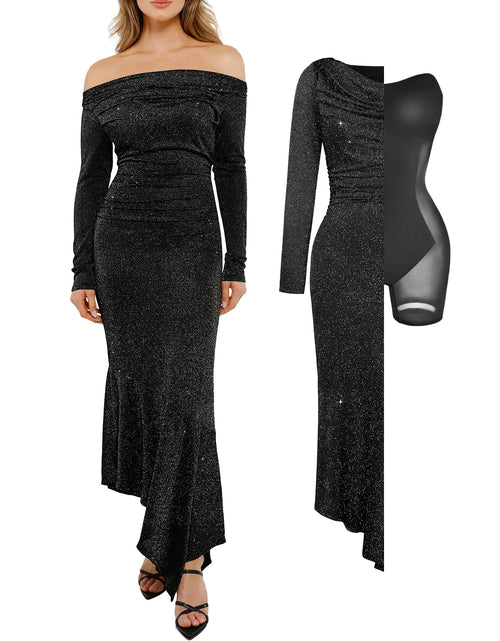 Load image into Gallery viewer, Popilush Sparkly Dresses for Women Off The Shoulder Shapewear Mermaid Dress Bodycon Long Sleeve Cocktail Prom Dresses Black
