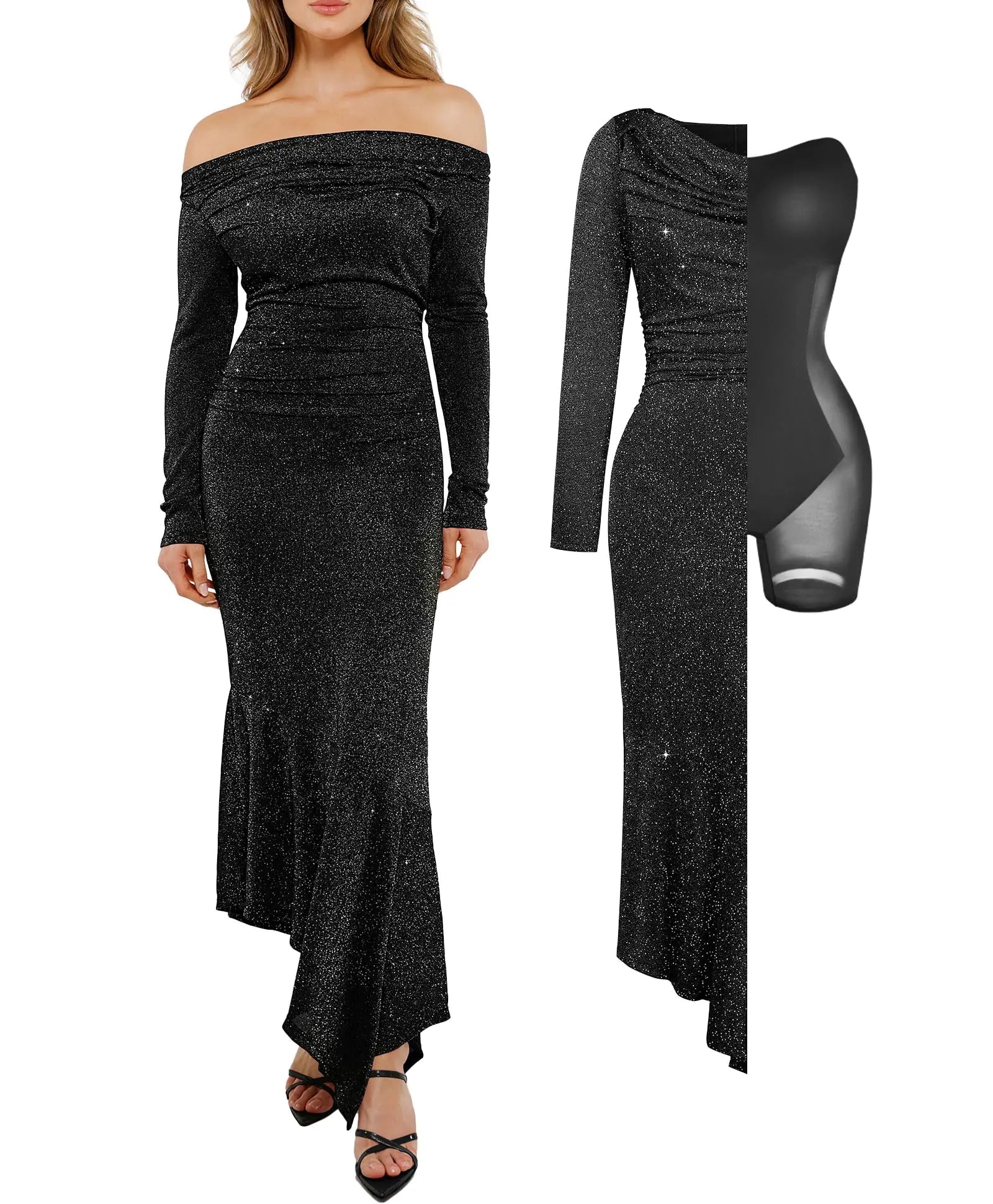 Popilush Sparkly Dresses for Women Off The Shoulder Shapewear Mermaid Dress Bodycon Long Sleeve Cocktail Prom Dresses Black