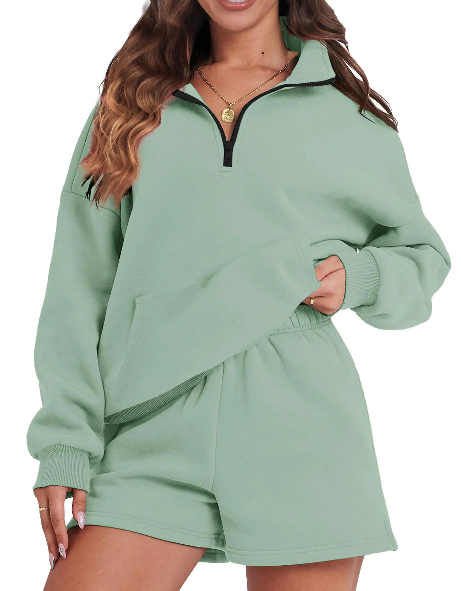 FKEEP Womens Sweatsuits 2 Piece Outfits Half Zip Sweatshirt Sweat Shorts with Pockets Lounge Sets(GreenXX-Large)