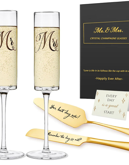 Load image into Gallery viewer, Yeegook Mr and Mrs Champagne Flutes Bride and Groom Champagne Glasses Wedding Glasses with Cake Cutting Set Bridal Shower Gifts Unique Wedding Gift Engagement Gifts for Couples
