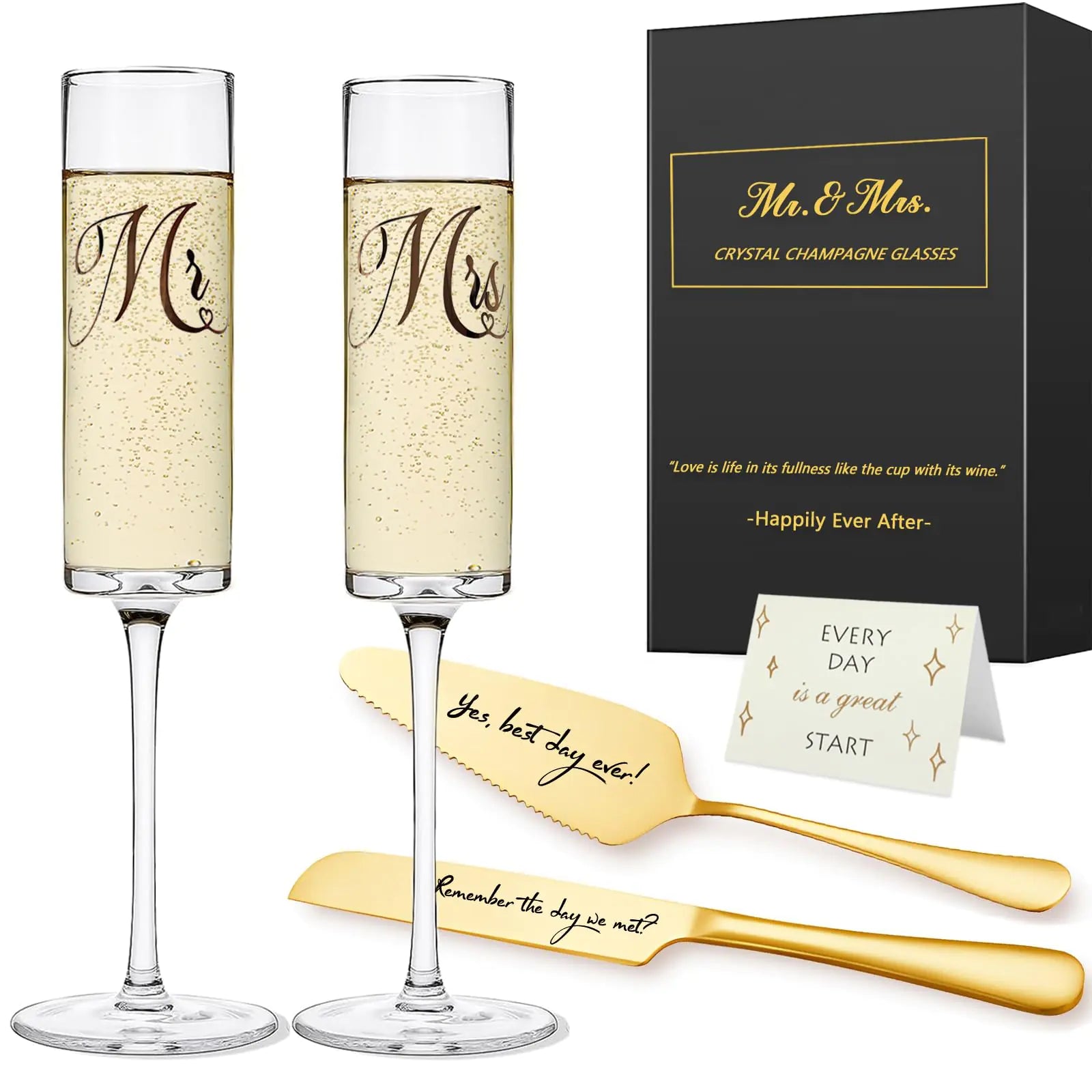 Yeegook Mr and Mrs Champagne Flutes Bride and Groom Champagne Glasses Wedding Glasses with Cake Cutting Set Bridal Shower Gifts Unique Wedding Gift Engagement Gifts for Couples