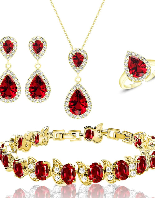 Cargar imagen en el visor de la galería, LMXXVJ Juego de joyas chapadas en oro de 18 quilates con granate rojo para mujer, collar, anillo, pendientes y pulsera con circonitas cúbicas rojas, juego de joyas de fantasía, regalos
