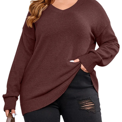 Women Plus Size Sweaters Cable Knit Long Sleeve V Neck Sweaters Tops Casual Soft Loose Fit Pullover Sweater (WineRed 5XL)