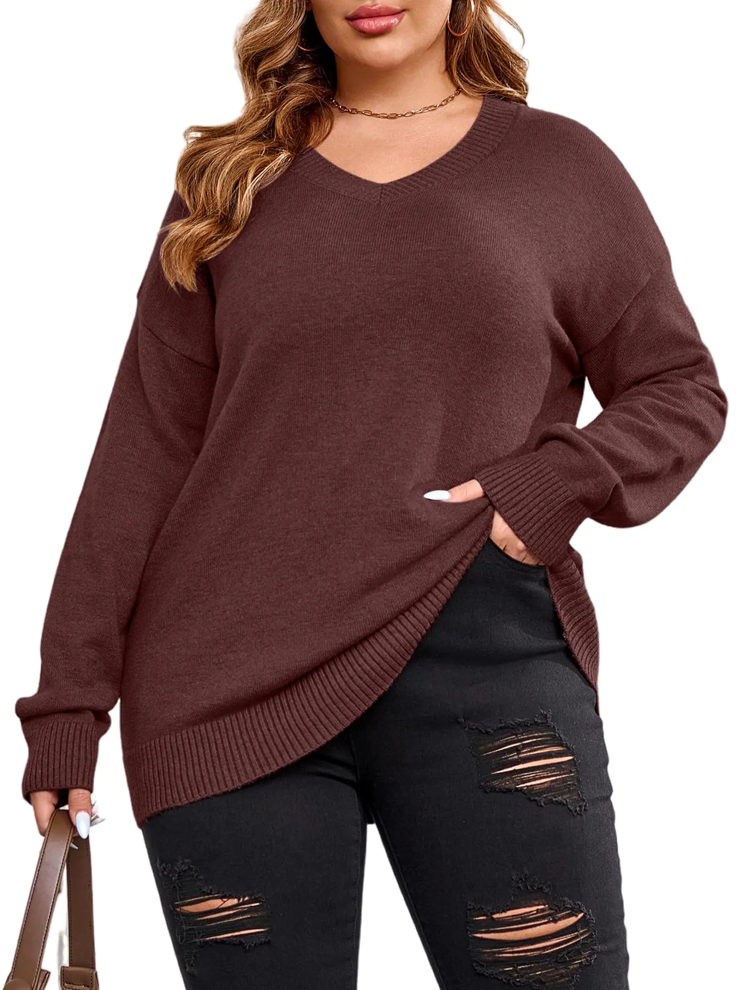Suéteres de talla grande para mujer, de punto trenzado, manga larga, cuello en V, suéteres, blusas, informales, de ajuste holgado y suave (rojo vino 5XL)