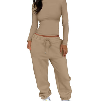 ANRABESS Womens 2 Piece Sweatsuits Long Sleeve Tight Shirt Tops Joggers Fleece Sweatpants Sets 2024 Fall Sweat Lounge Outfits Khaki Small