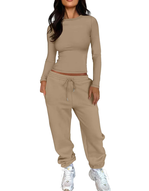 Load image into Gallery viewer, ANRABESS Womens 2 Piece Sweatsuits Long Sleeve Tight Shirt Tops Joggers Fleece Sweatpants Sets 2024 Fall Sweat Lounge Outfits Khaki Small
