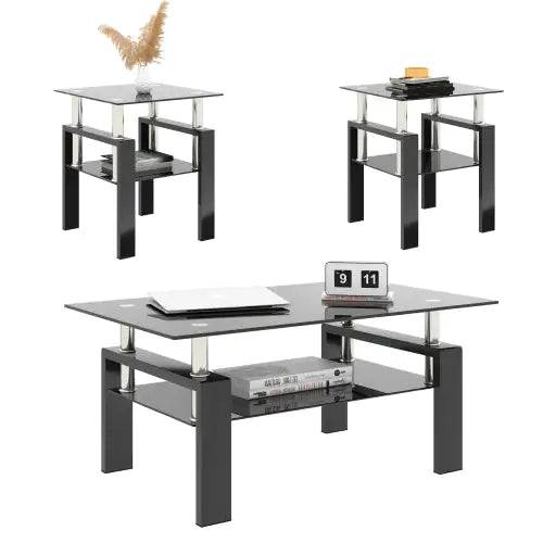 Cargar imagen en el visor de la galería, Juego de 2, mesa de té, mesa de centro, mesa auxiliar de cristal templado moderno, mesa cuadrada para sala de estar, negro
