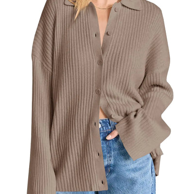 Cárdigan de mujer Danedvi con cuello, talla grande, tejido acanalado, frente abierto, botones, mangas acampanadas, color marrón claro