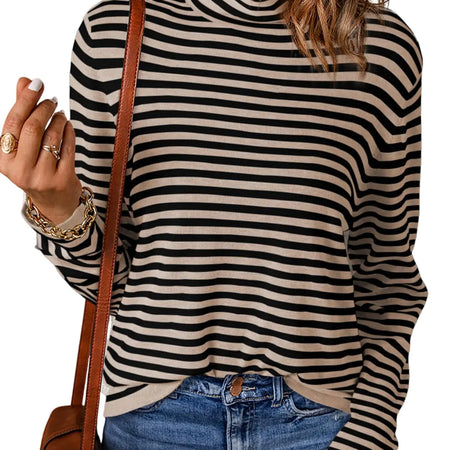 Dokotoo Fashion Womens Sweaters for Women 2024 Long Sleeve Tops Sweaters for Women Khaki Striped Pullover Sweaters Casual Ladies Fall Turtleneck Sweater Jumpers Tops Large