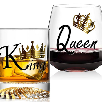 Anniversary Glassware Gifts for Couple-King and Queen Wine Glasses-Wedding Aniversario Gifts for Couple Wife Her Women-Unique COUPLE Wine Glasses for Engagement Wedding