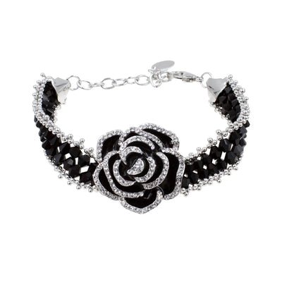 Lavencious Pulsera de disfraz con baño de rodio y forma de flor de rosa negra para mujer, adecuada para muñecas de 17 cm a 21.6 cm (plateado y negro)