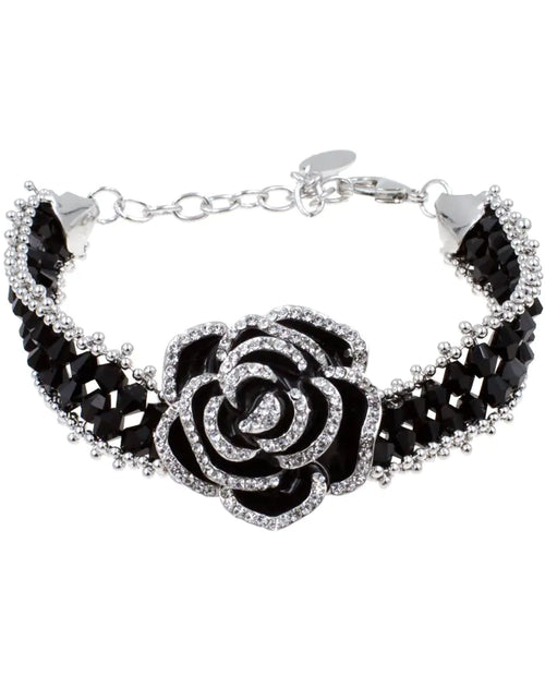 Cargar imagen en el visor de la galería, Lavencious Pulsera de disfraz con baño de rodio y forma de flor de rosa negra para mujer, adecuada para muñecas de 17 cm a 21.6 cm (plateado y negro)
