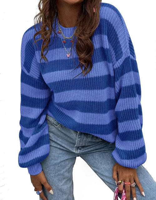 Load image into Gallery viewer, Narecte Womens Crewneck Sweaters Fall Sweaters for Women Trendy Long Sleeve Drop Shoulder Pullover Womens Sweaters Blue XL
