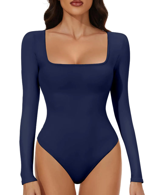 Load image into Gallery viewer, YOGINGO Long Sleeve Square Neck Bodysuits for Womens Going Out Body Suits Basic Leotards Jumpsuits Outfits Shirt Tops Halloween Fall Outfits Skims Dupe Tummy Contro Blue M
