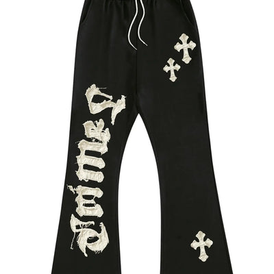 GORGLITTER Mens Graphic Stacked Sweatpants Y2K Drawstring Wide Leg Pants Casual Baggy Pants with Pockets Black Medium