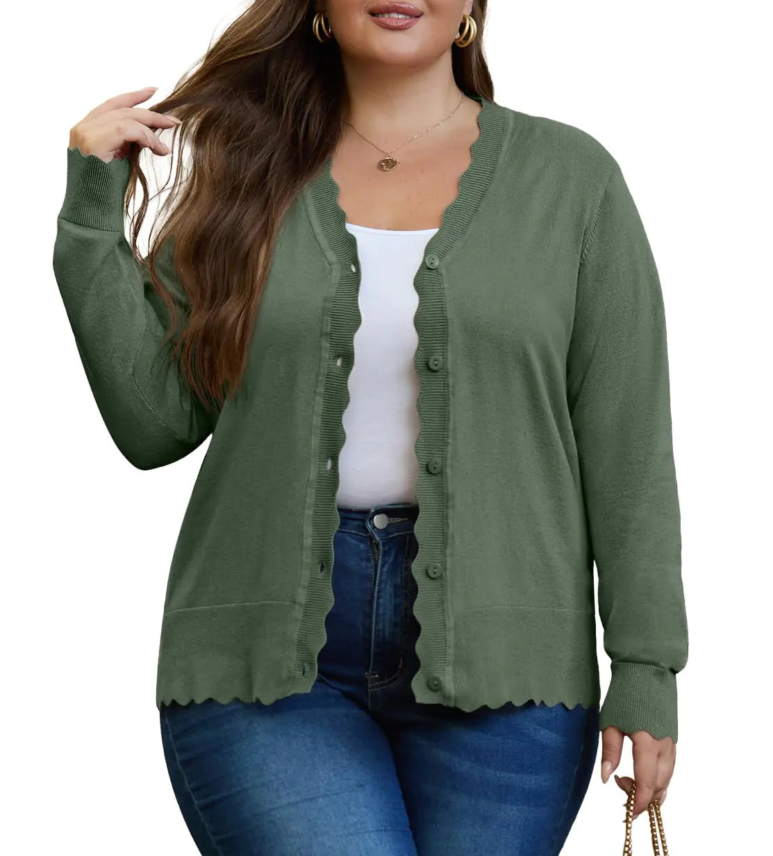 OLRIK Plus Size Cardigan for Women Lightweight Fall Sweaters for Women 2024 Plus Size Jackets Army Green-3X