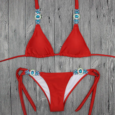 Crystal Diamond Strappy Swimsuit Swimwear Set