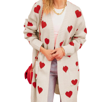 COZYPOIN Cárdigan largo de punto con estampado de corazones para mujer, suéteres holgados con frente abierto para el Día de San Valentín (Albaricoque-S)