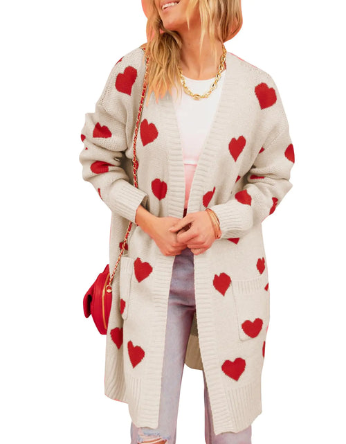 Charger l'image dans la visionneuse de galerie, COZYPOIN Gilet long tricoté pour femme avec imprimé cœur, col en V, ouvert sur le devant, grandes tailles (abricot-S)

