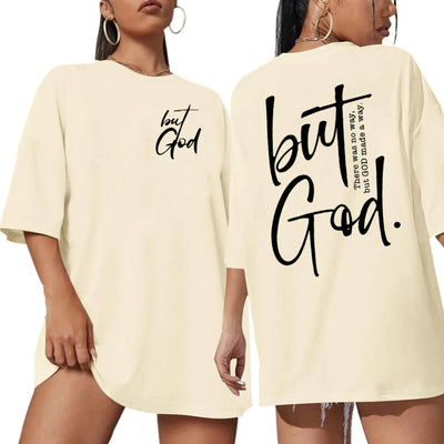 T-shirts chrétiens surdimensionnés pour femmes But God T-shirt graphique Jésus T-shirts mignons à col rond Hauts abricot XL
