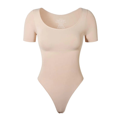 KSKshape Short Sleeve Bodysuit for Women Tummy Control Scoop Neck Shapewear Bodysuit Tshirt TopBeigeXL